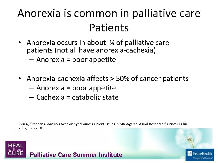 Anorexia is common in palliative care Patients • Anorexia occurs in about ¼ of