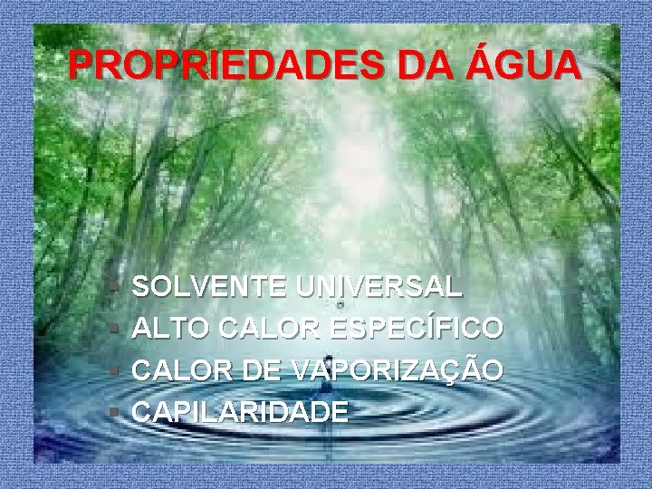 PROPRIEDADES DA ÁGUA § § SOLVENTE UNIVERSAL ALTO CALOR ESPECÍFICO CALOR DE VAPORIZAÇÃO CAPILARIDADE