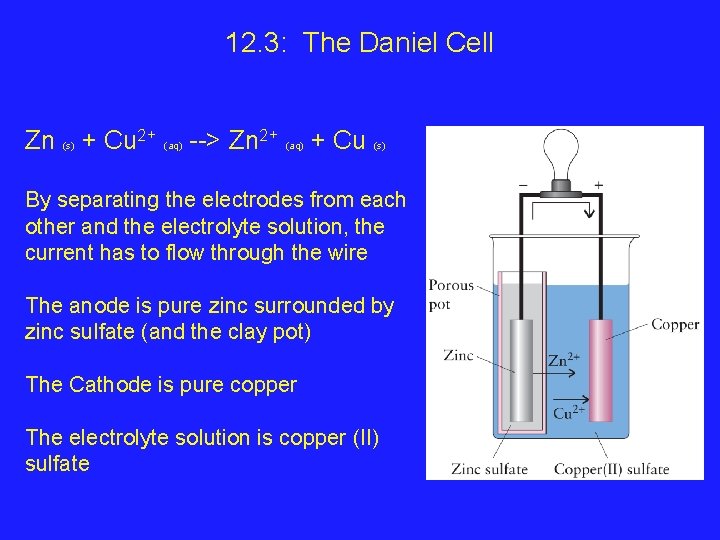 12. 3: The Daniel Cell Zn (s) + Cu 2+ (aq) --> Zn 2+