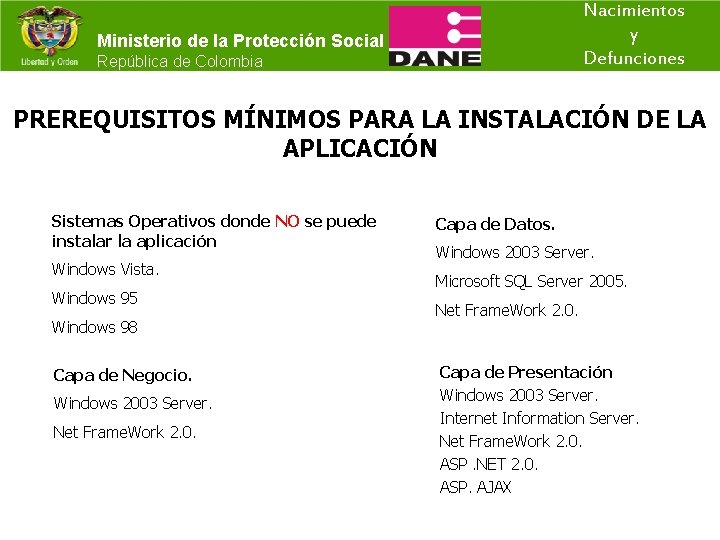 Nacimientos y Defunciones Ministerio de la Protección Social República de Colombia PREREQUISITOS MÍNIMOS PARA