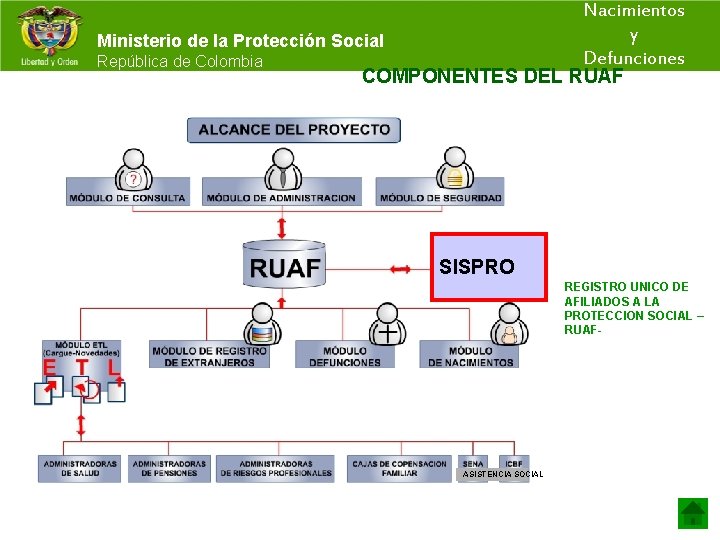 Nacimientos y Ministerio de la Protección Social Defunciones República de Colombia COMPONENTES DEL RUAF