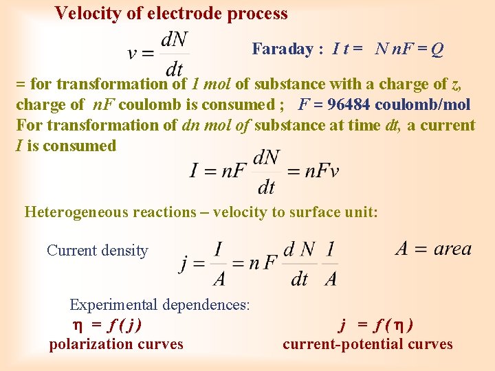 Velocity of electrode process Faraday : I t = N n. F = Q