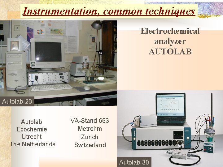 Instrumentation, common techniques Electrochemical analyzer AUTOLAB Autolab 20 Autolab Ecochemie Utrecht The Netherlands VA-Stand