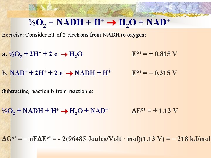 ½O 2 + NADH + H+ H 2 O + NAD+ Exercise: Consider ET