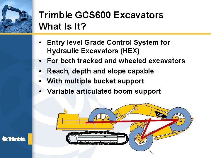 Trimble GCS 600 Excavators What Is It? • Entry level Grade Control System for