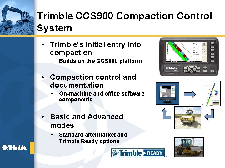 Trimble CCS 900 Compaction Control System • Trimble’s initial entry into compaction – Builds