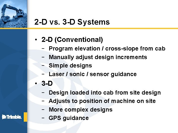 2 -D vs. 3 -D Systems • 2 -D (Conventional) – – Program elevation