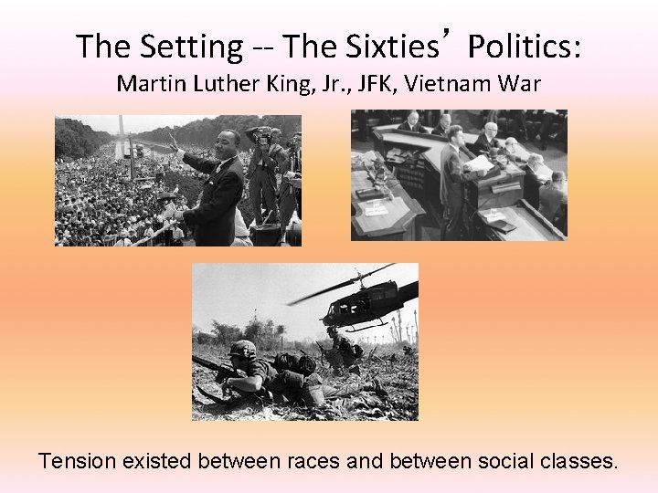 The Setting -- The Sixties’ Politics: Martin Luther King, Jr. , JFK, Vietnam War