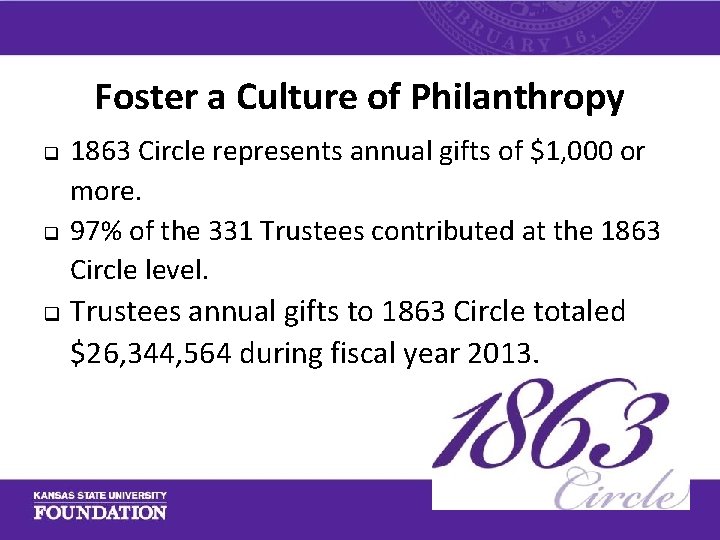 Foster a Culture of Philanthropy q q q 1863 Circle represents annual gifts of