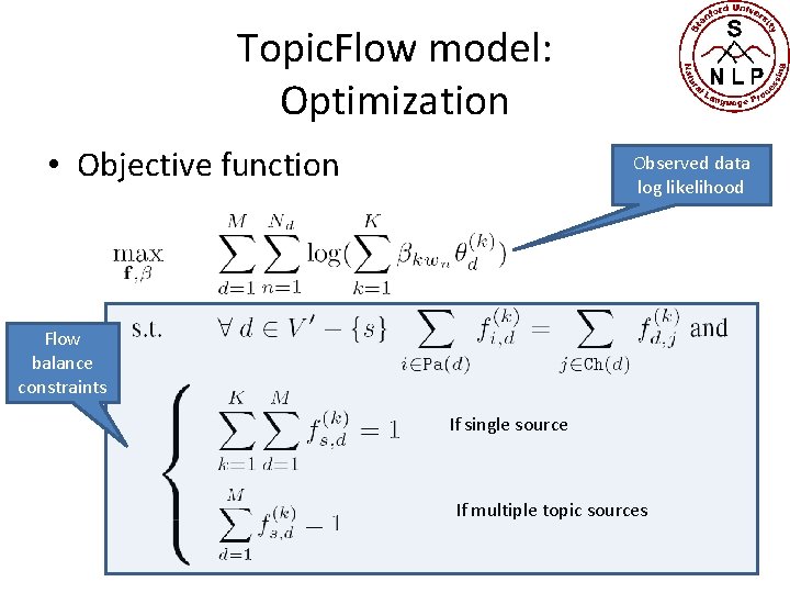 Topic. Flow model: Optimization • Objective function Observed data log likelihood Flow balance constraints
