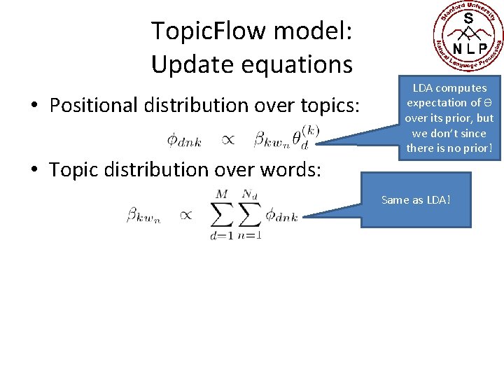 Topic. Flow model: Update equations • Positional distribution over topics: • Topic distribution over
