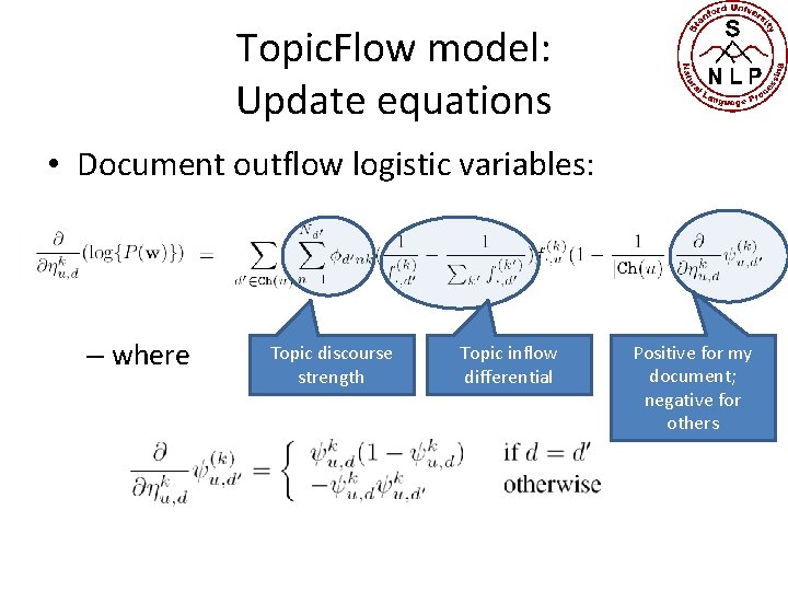 Topic. Flow model: Update equations • Document outflow logistic variables: – where Topic discourse