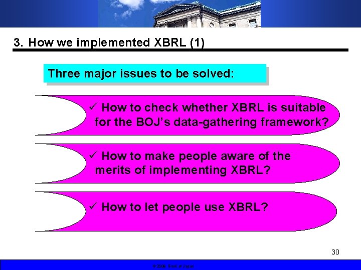 3．How we implemented XBRL (1) Three major issues to be solved: ü How to