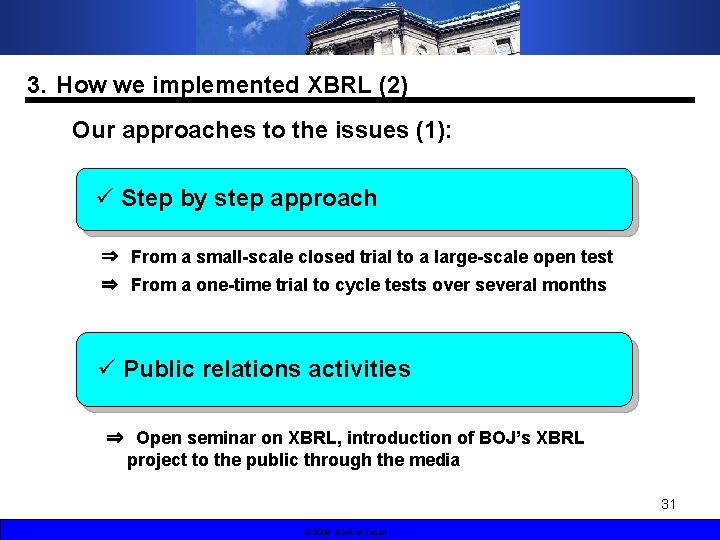 3．How we implemented XBRL (2) Our approaches to the issues (1): ü Step by