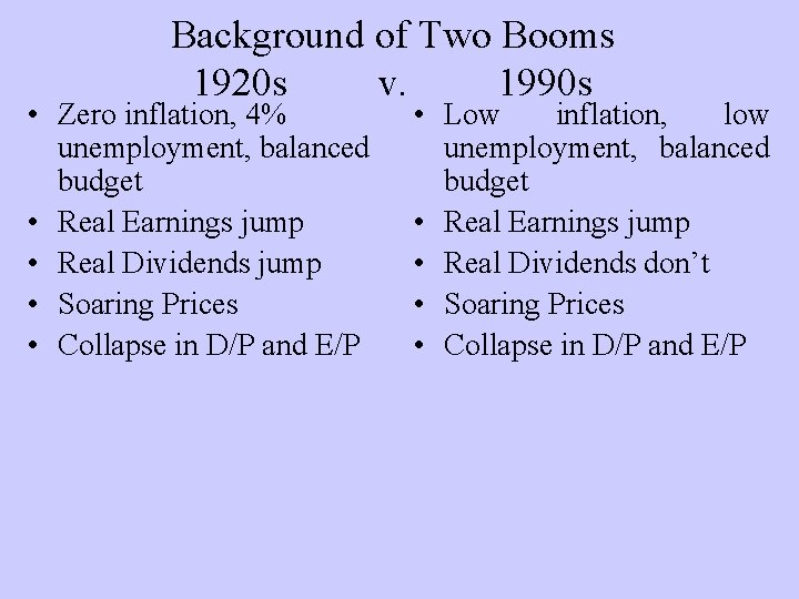 Background of Two Booms 1920 s v. 1990 s • Zero inflation, 4% unemployment,