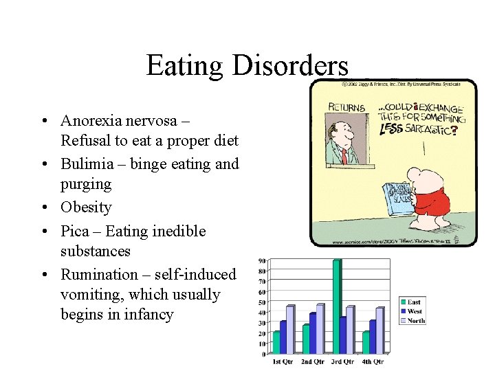 Eating Disorders • Anorexia nervosa – Refusal to eat a proper diet • Bulimia