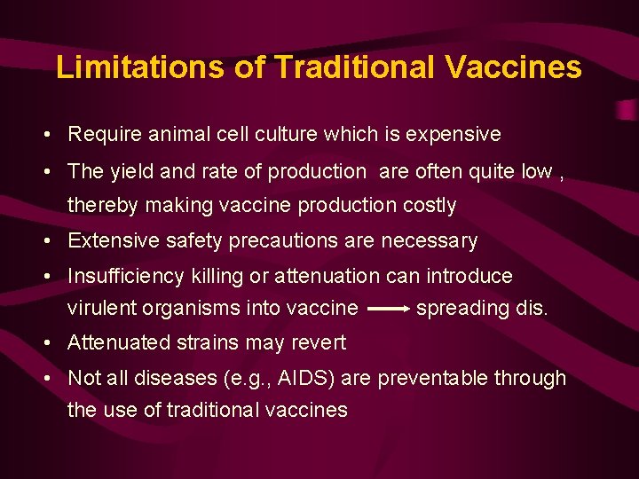 Limitations of Traditional Vaccines • Require animal cell culture which is expensive • The