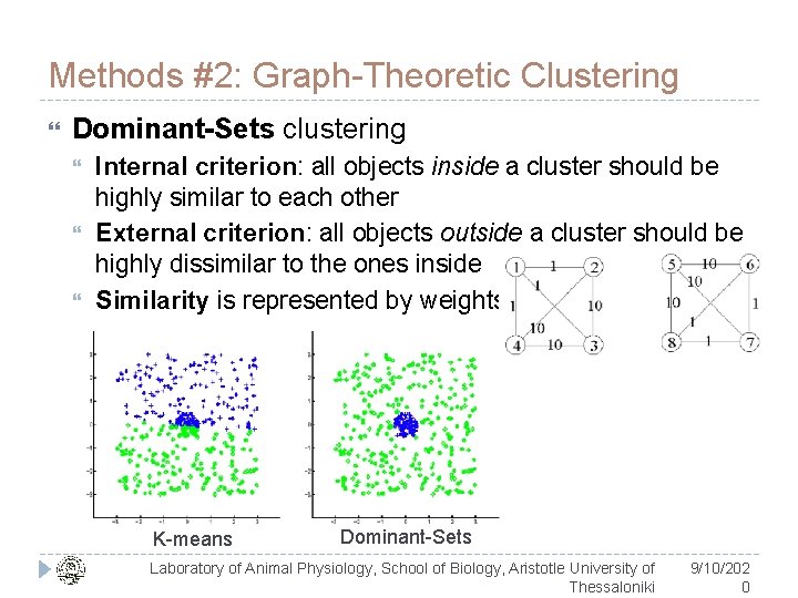 Methods #2: Graph-Theoretic Clustering Dominant-Sets clustering Internal criterion: all objects inside a cluster should