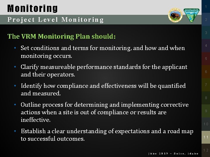 Monitoring 1 Project Level Monitoring 2 3 The VRM Monitoring Plan should: • Set