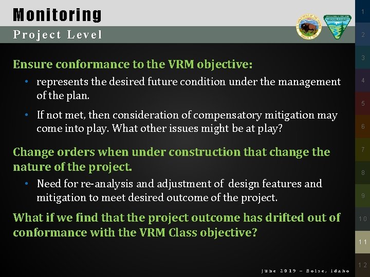 Monitoring 1 Project Level 2 3 Ensure conformance to the VRM objective: • represents