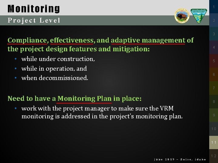 Monitoring 1 Project Level 2 Compliance, effectiveness, and adaptive management of the project design
