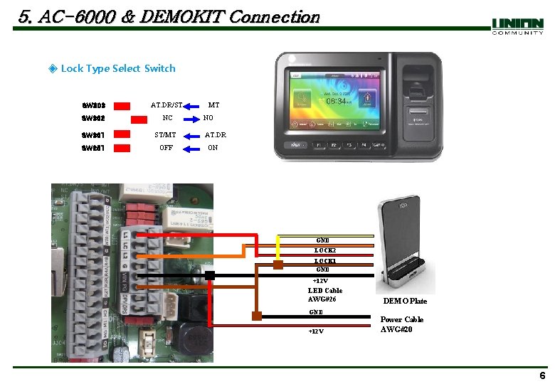 5. AC-6000 & DEMOKIT Connection ◈ Lock Type Select Switch SW 303 AT. DR/ST