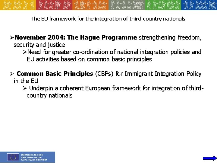 The EU framework for the integration of third-country nationals ØNovember 2004: The Hague Programme