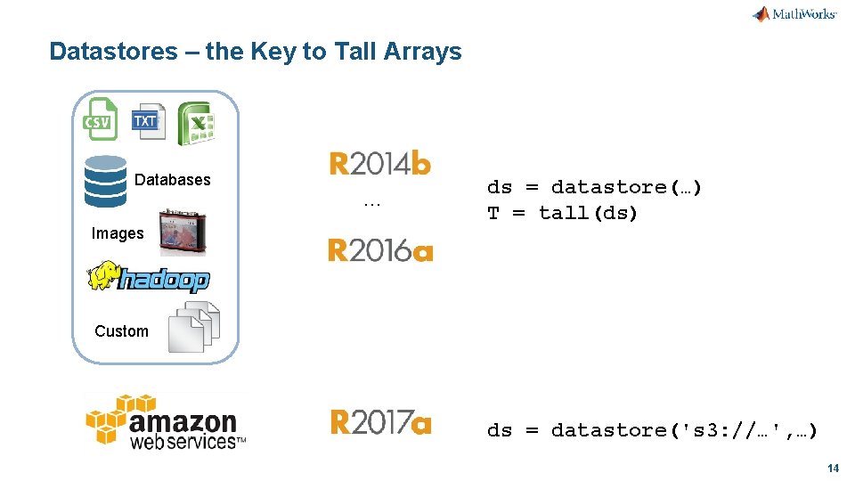 Datastores – the Key to Tall Arrays Databases … Images ds = datastore(…) T