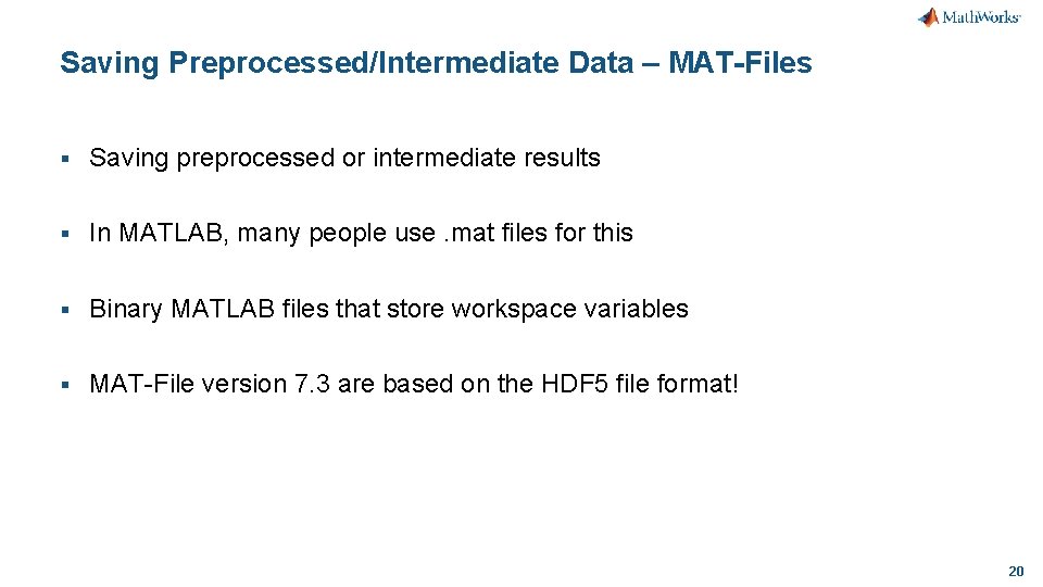 Saving Preprocessed/Intermediate Data – MAT-Files § Saving preprocessed or intermediate results § In MATLAB,