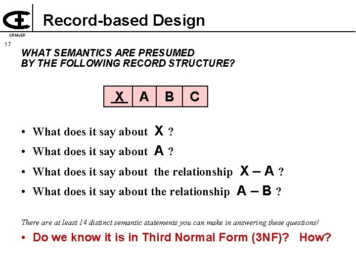 Record-based Design ORMv. ER 17 WHAT SEMANTICS ARE PRESUMED BY THE FOLLOWING RECORD STRUCTURE?