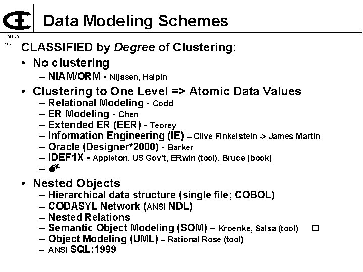 Data Modeling Schemes DMOD 26 CLASSIFIED by Degree of Clustering: • No clustering –