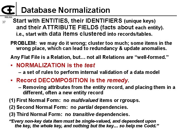 Database Normalization RELSQL 37 Start with ENTITIES, their IDENTIFIERS (unique keys) and their ATTRIBUTE