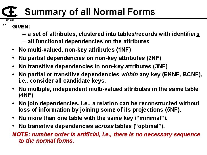 Summary of all Normal Forms RELSQL 39 GIVEN: – a set of attributes, clustered