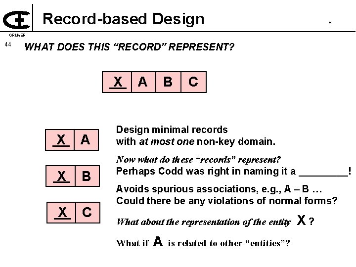 Record-based Design B ORMv. ER 44 WHAT DOES THIS “RECORD” REPRESENT? X X A
