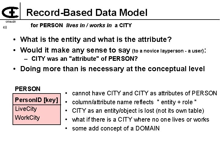Record-Based Data Model ORMv. ER 48 for PERSON lives in / works in a