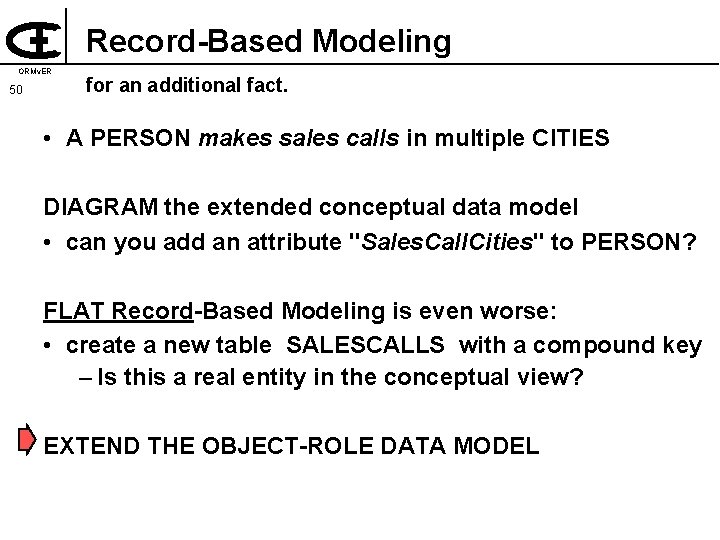 Record-Based Modeling ORMv. ER 50 for an additional fact. • A PERSON makes sales