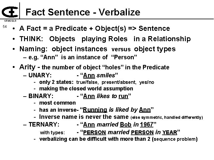 Fact Sentence - Verbalize ORMODLG 54 • A Fact = a Predicate + Object(s)