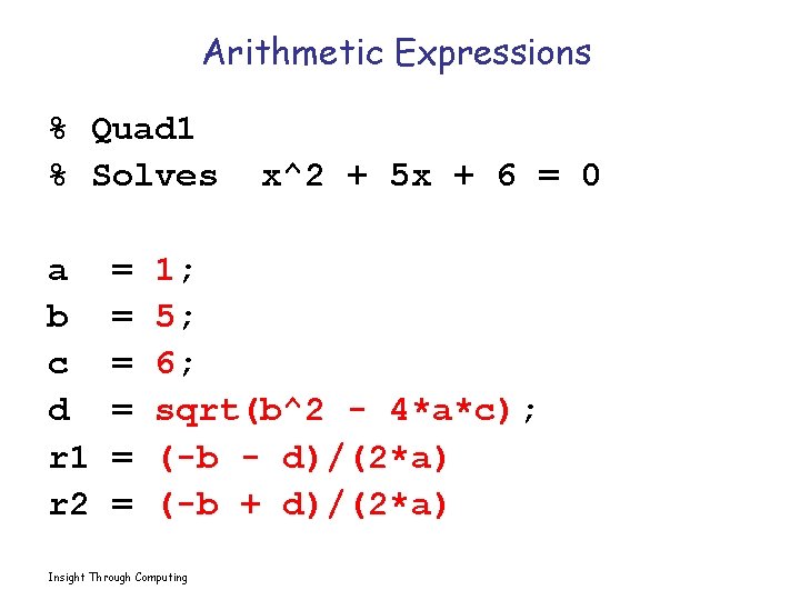Arithmetic Expressions % Quad 1 % Solves a b c d r 1 r