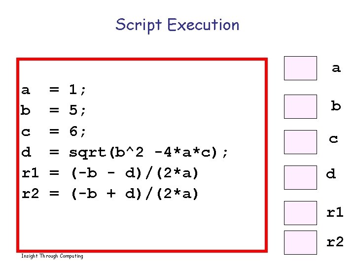 Script Execution a a b c d r 1 r 2 = = =