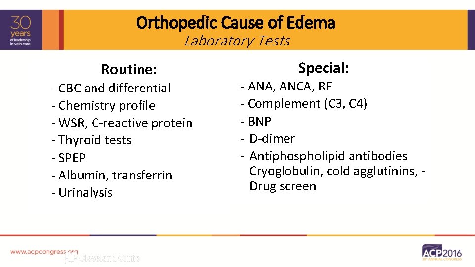 Orthopedic Cause of Edema Laboratory Tests Routine: - CBC and differential - Chemistry profile