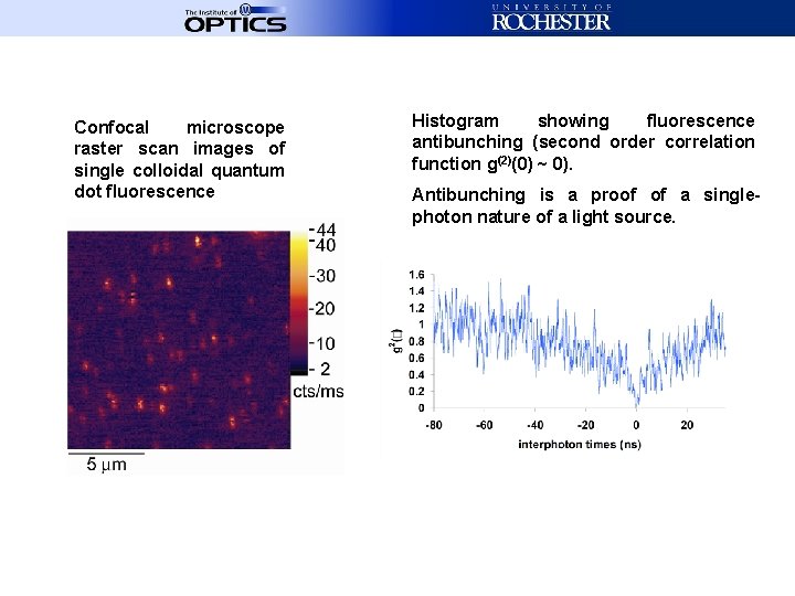 Confocal microscope raster scan images of single colloidal quantum dot fluorescence Histogram showing fluorescence