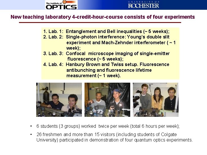 New teaching laboratory 4 -credit-hour-course consists of four experiments 1. Lab. 1: Entanglement and