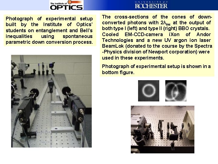 Photograph of experimental setup built by the Institute of Optics’ students on entanglement and