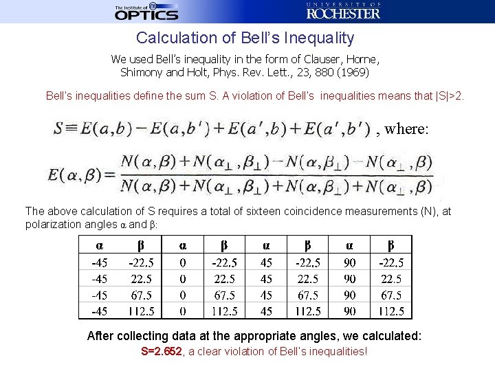 Calculation of Bell’s Inequality We used Bell’s inequality in the form of Clauser, Horne,