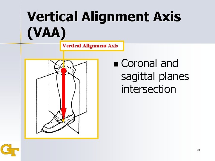 Vertical Alignment Axis (VAA) Vertical Alignment Axis n Coronal and sagittal planes intersection 10