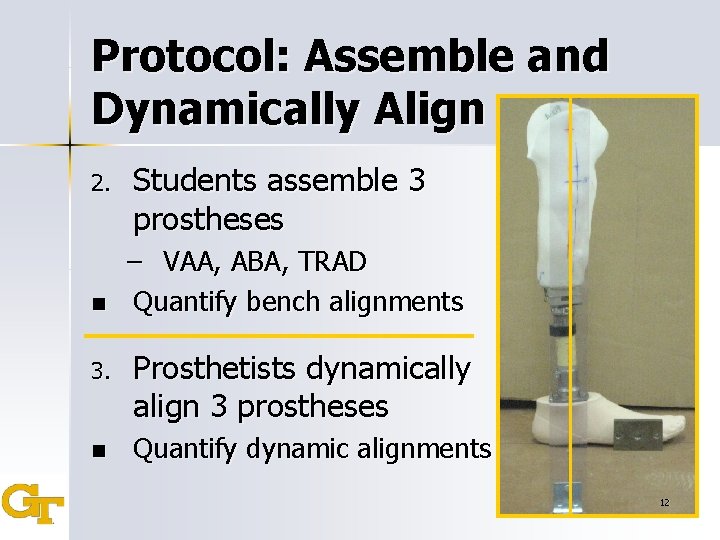 Protocol: Assemble and Dynamically Align 2. n Students assemble 3 prostheses – VAA, ABA,