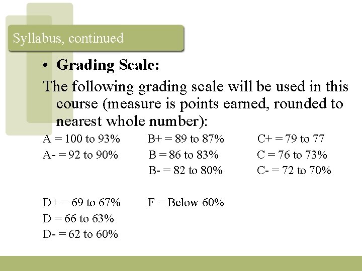 Syllabus, continued • Grading Scale: The following grading scale will be used in this