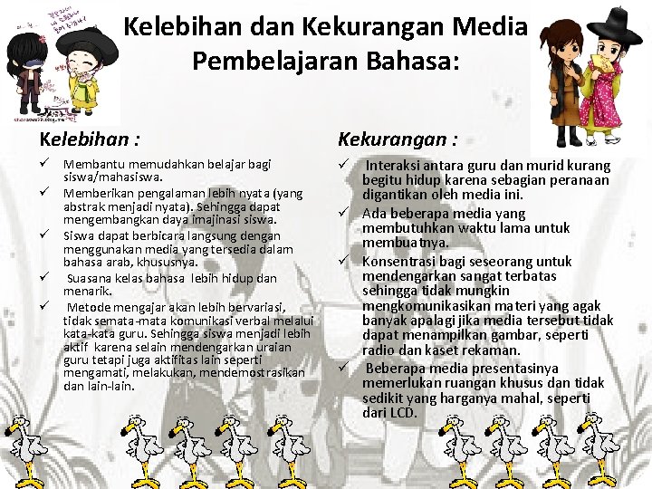Kelebihan dan Kekurangan Media Pembelajaran Bahasa: Kelebihan : Kekurangan : ü Membantu memudahkan belajar