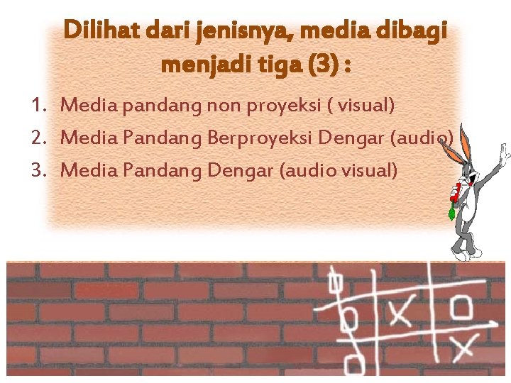 Dilihat dari jenisnya, media dibagi menjadi tiga (3) : 1. Media pandang non proyeksi