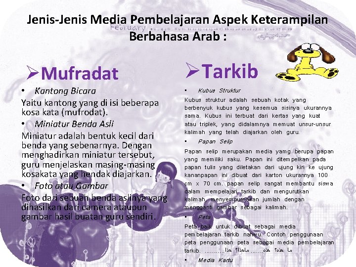 Jenis-Jenis Media Pembelajaran Aspek Keterampilan Berbahasa Arab : ØMufradat • Kantong Bicara Yaitu kantong